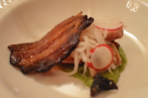 Grilled local eel w cress soubise & cured pork belly
