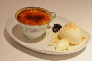 Devonshire tea crème brûlée w scone ice cream, cherry jam & whipped cream